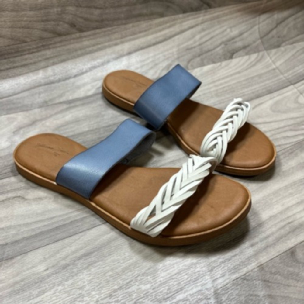Universal Thread‎ Slides Sandals Womens 7 Blue White Braided Double Strap Flat